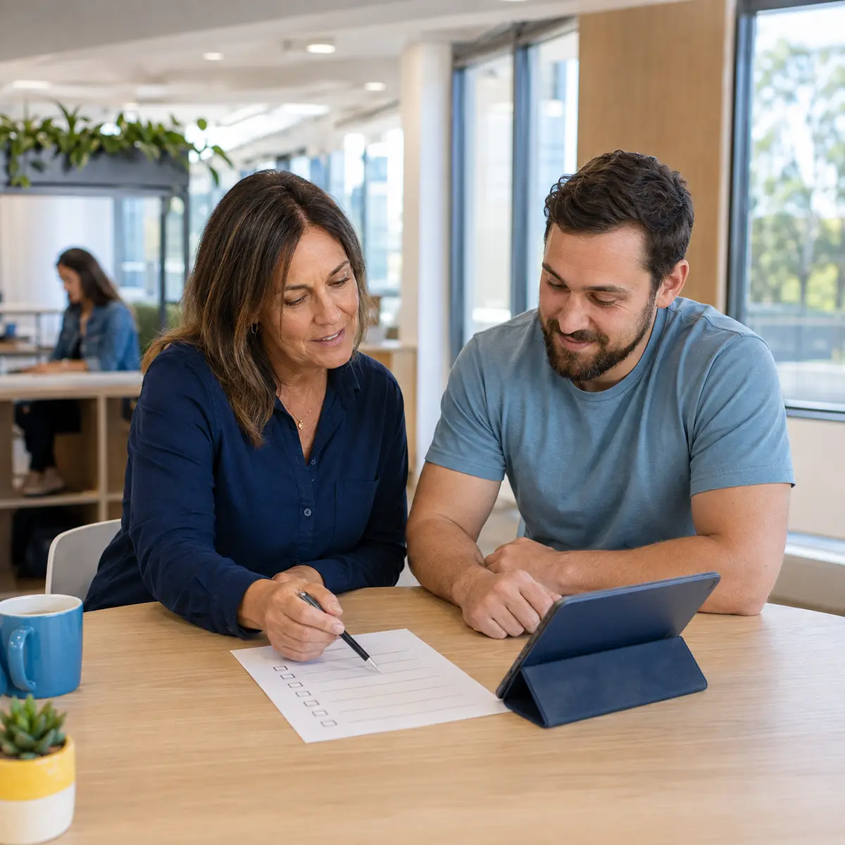 Adviser helping an adult learner review an eligibility checklist and tablet.